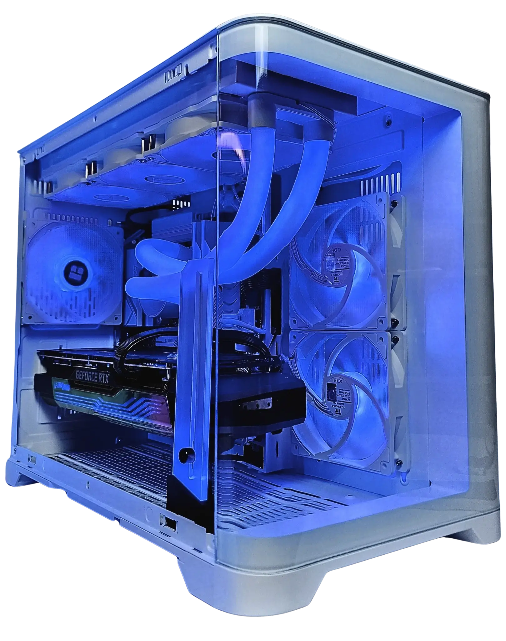 PC Gamer blanco azul con refrigeracion liquida y panel cristal