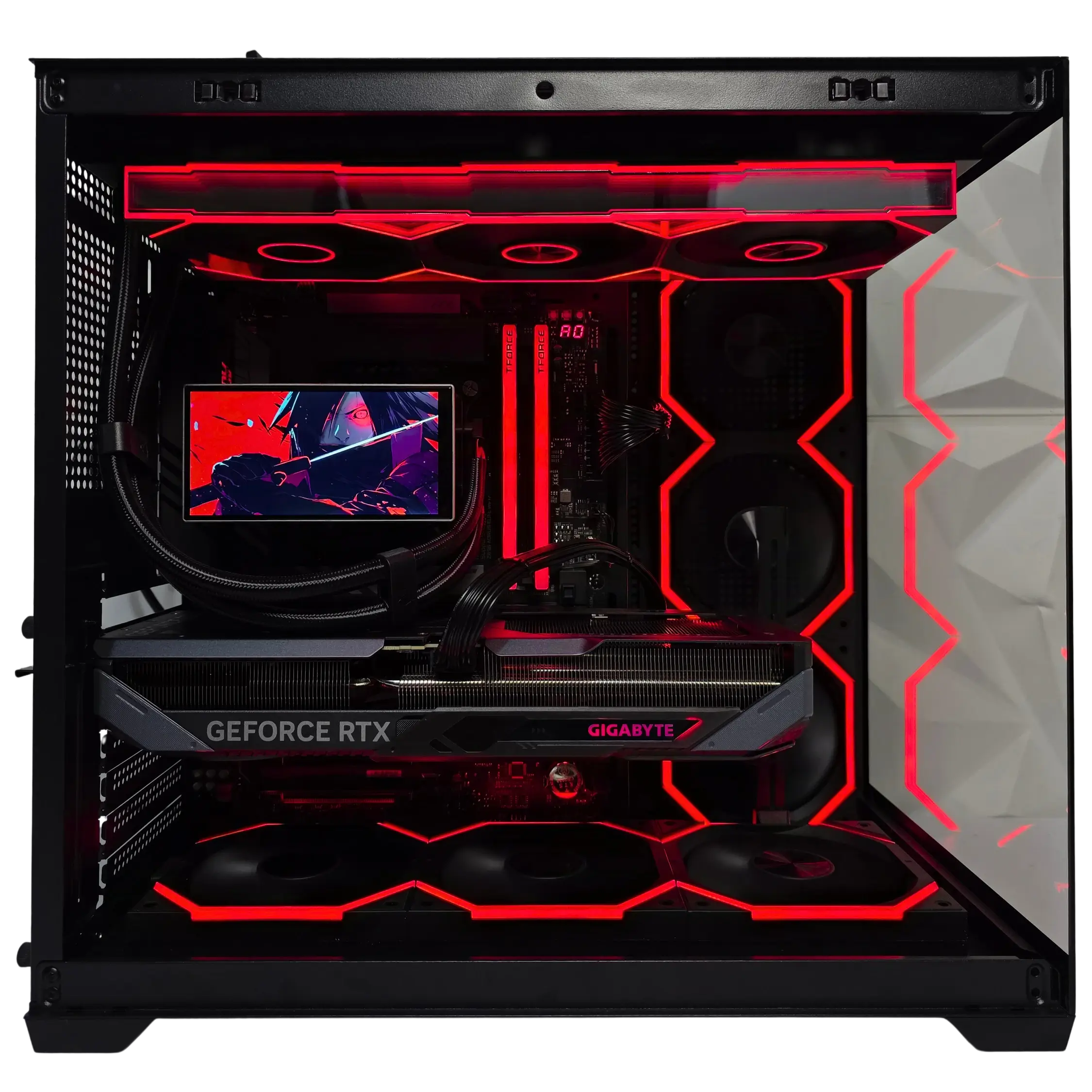 PC Gamer negro rojo con GeForce RTX Gigabyte y pantalla LCD