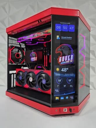 PC Gamer rojo carmesi con pantalla LCD integrada