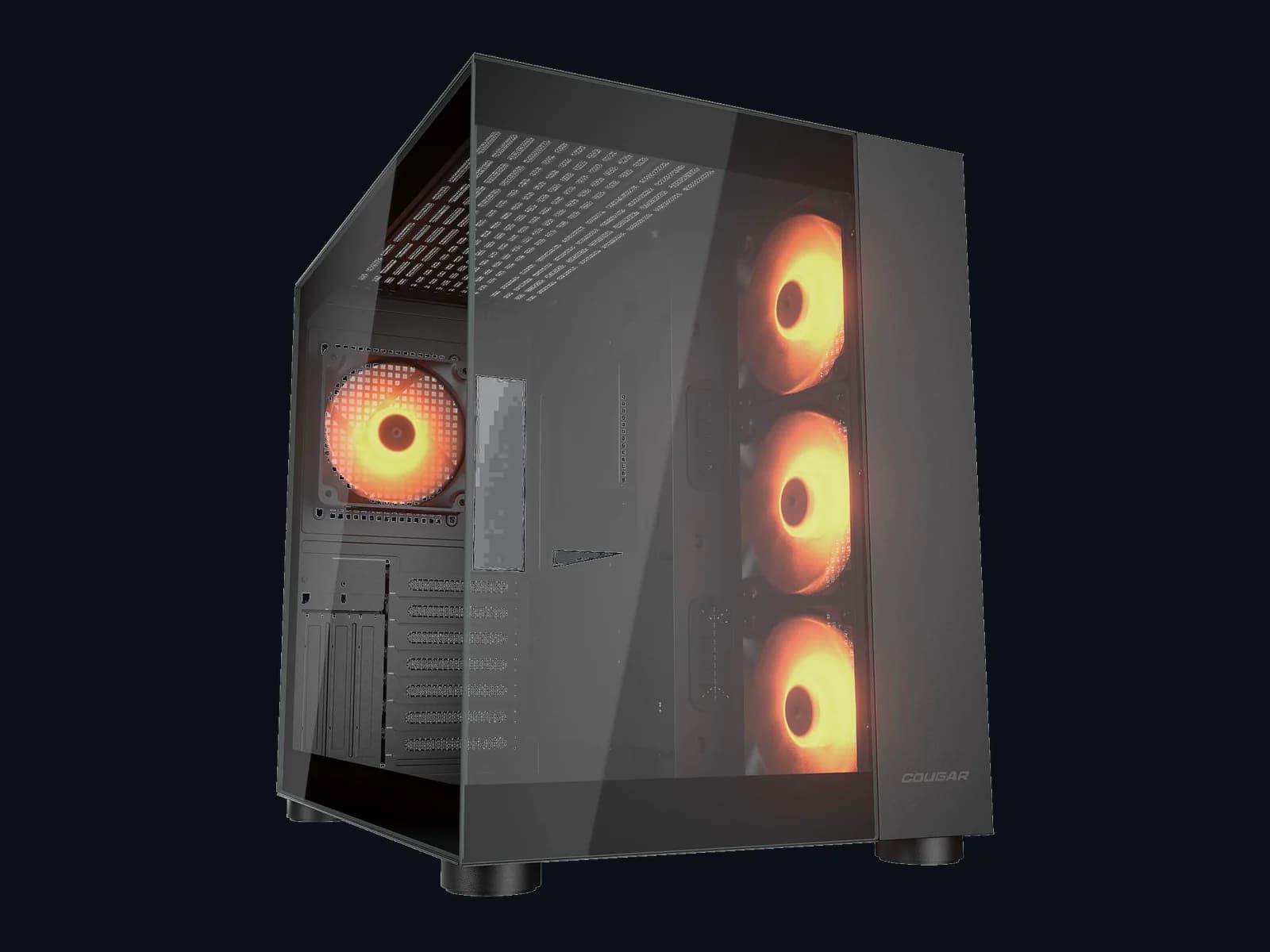 Gabinete Cougar FV150 RGB negro de doble camara con panel de cristal y ventiladores ARGB, el chasis de la PC gamer economica de Raven Gaming Store