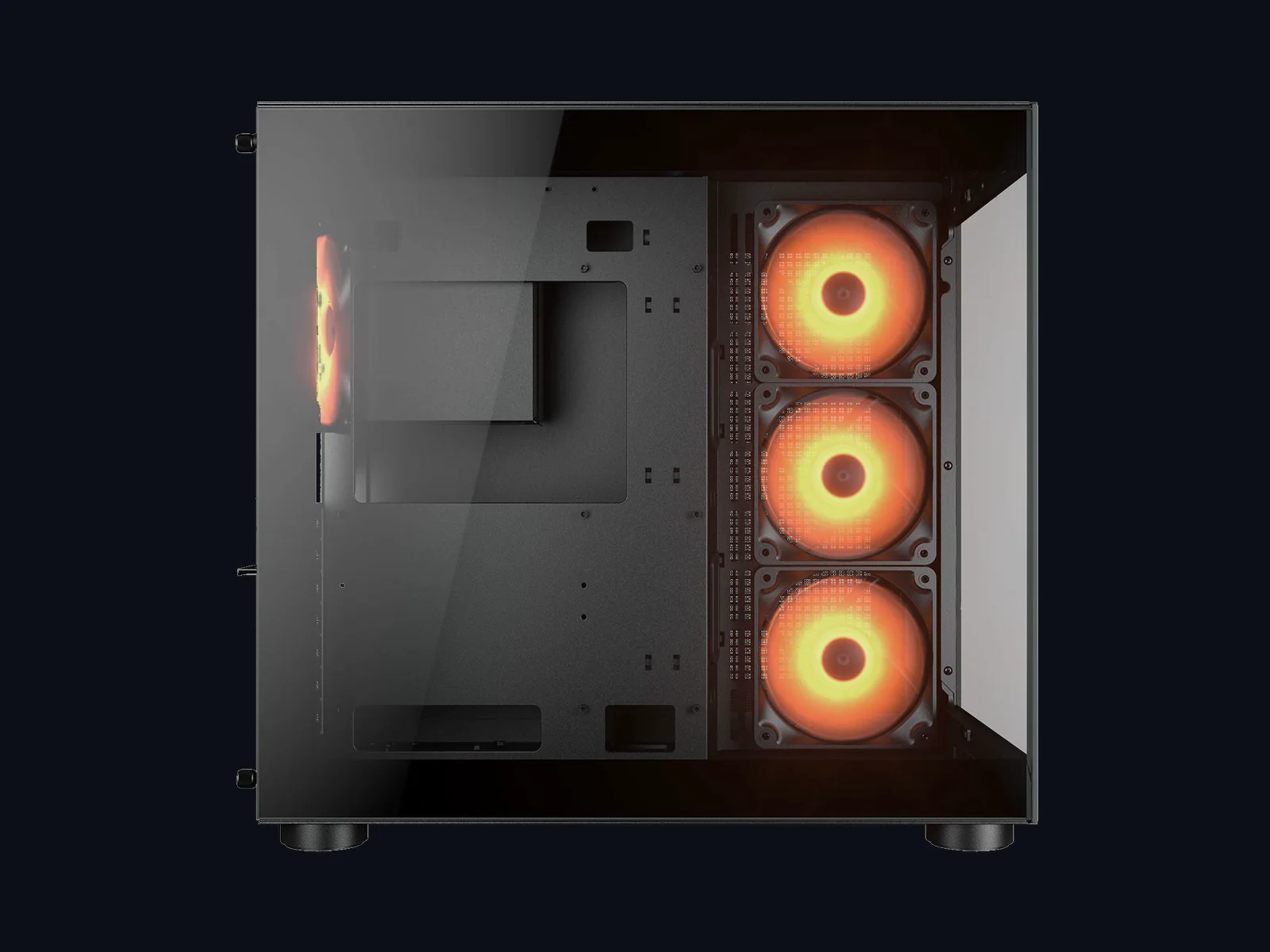 Gabinete Cougar FV150 RGB negro visto de frente con sus tres ventiladores ARGB de 120 mm encendidos, el chasis de la PC gamer 1080p de Raven Gaming Store