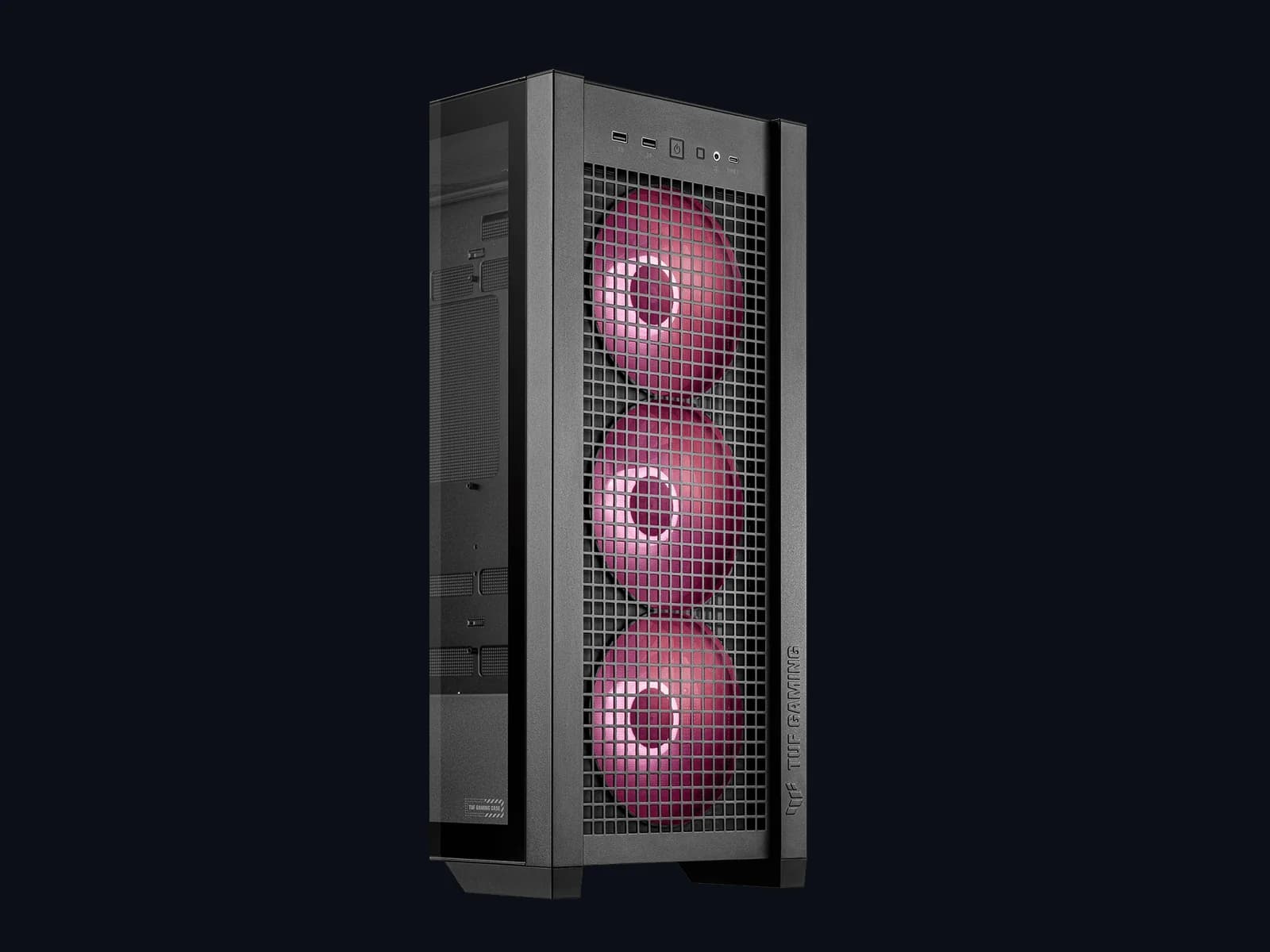 Gabinete ASUS TUF Gaming GT302 ARGB negro en vista angular con sus cuatro ventiladores ARGB de 140 mm, el chasis de la PC gamer 4K de Raven Gaming Store