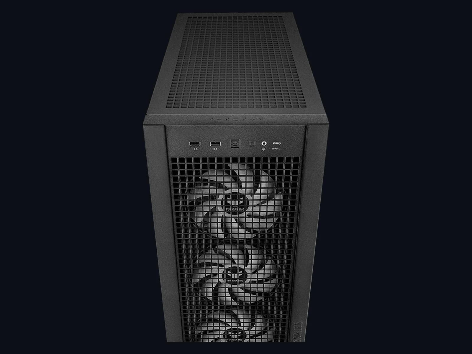 Frontal del gabinete ASUS TUF Gaming GT302 ARGB negro con malla de alta porosidad y puertos USB tipo A y tipo C, el chasis de la workstation para arquitectura de Raven Gaming Store