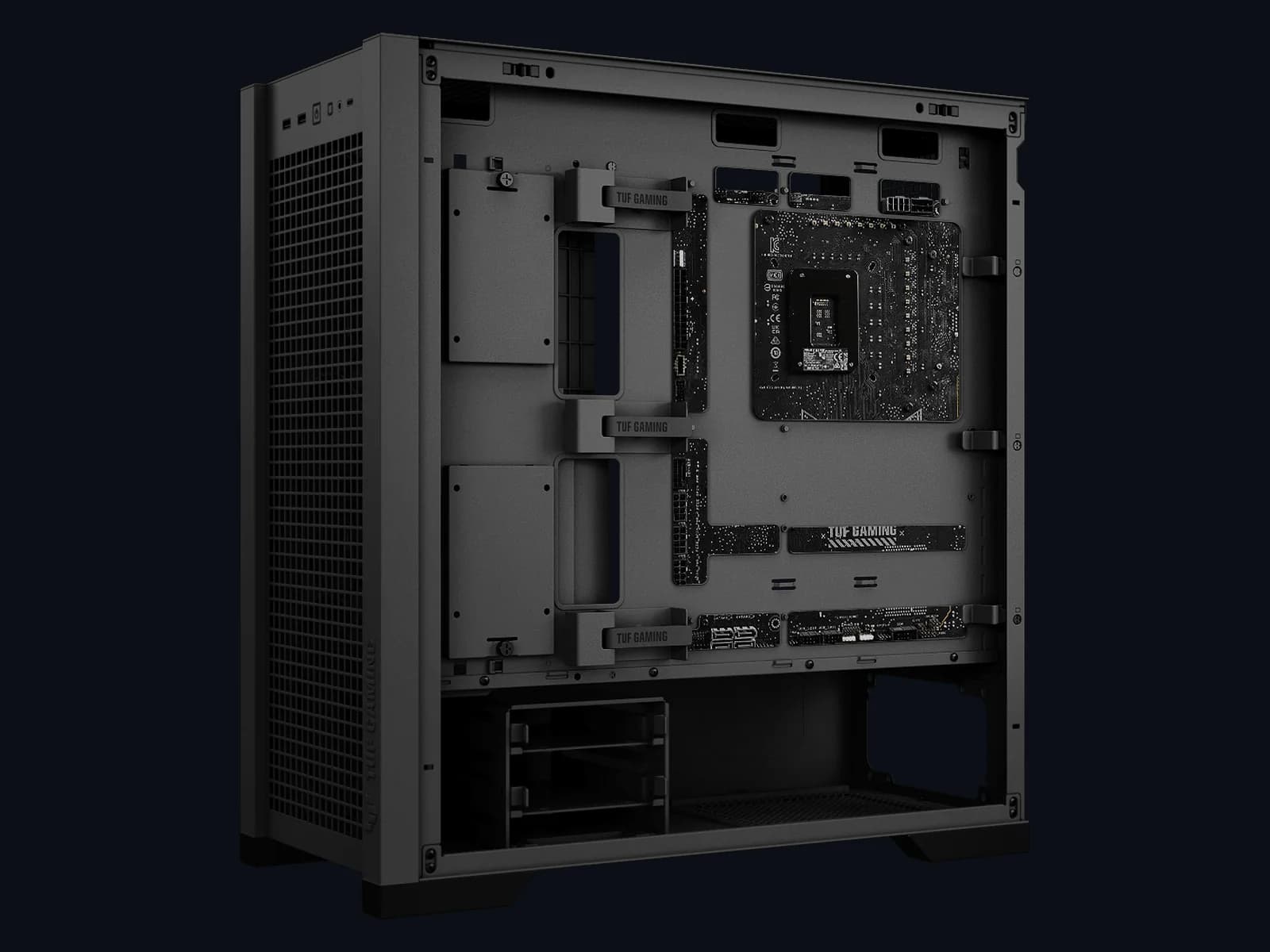 Interior del gabinete ASUS TUF Gaming GT302 ARGB negro con las guias de cableado y el soporte para placas de conectores ocultos, el chasis de la workstation para ingenieria de Raven Gaming Store